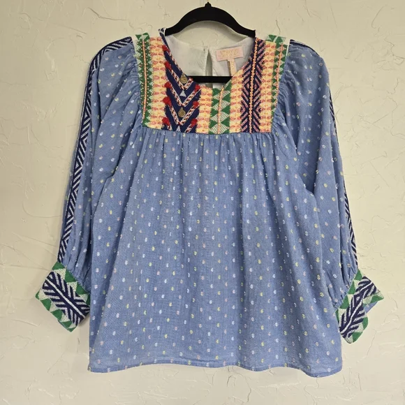 Anthro Verb by Pallavi Embroidered Swiss Dot Boho Blue Top - Picture 2 of 13